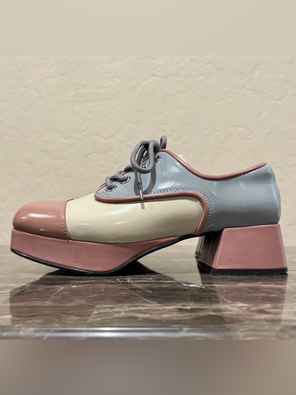 002. Jeffrey Campbell Patent Colorblock Lace-Up Platform in Pink, blue, Cream.